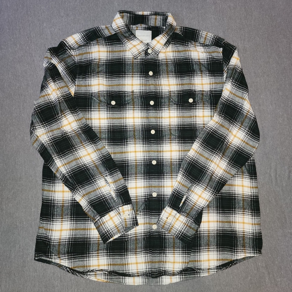 American Eagle Mens Super Soft Plaid Flannel Button Down Shirt Green White 2XL